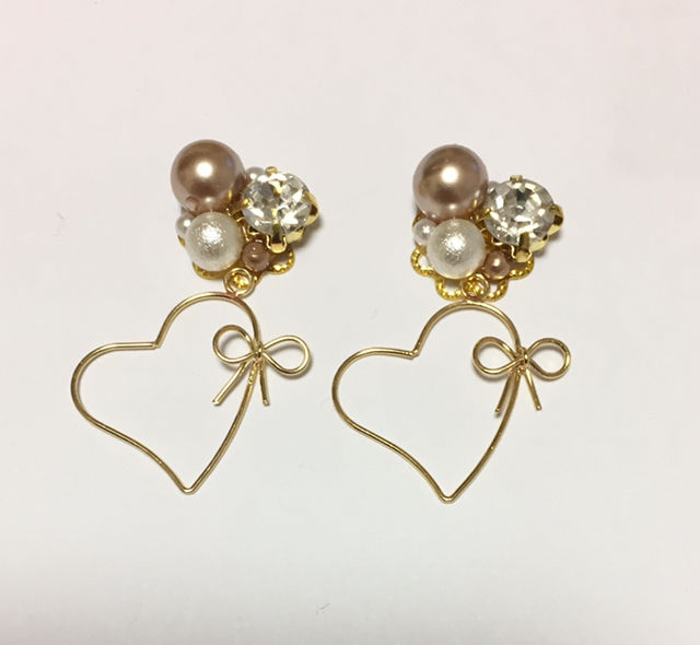 パールハートスクウェアジュエルリボンピアス・イヤリング