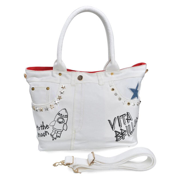 デニムリメイクバッグ風スタッズバッグМホワイト