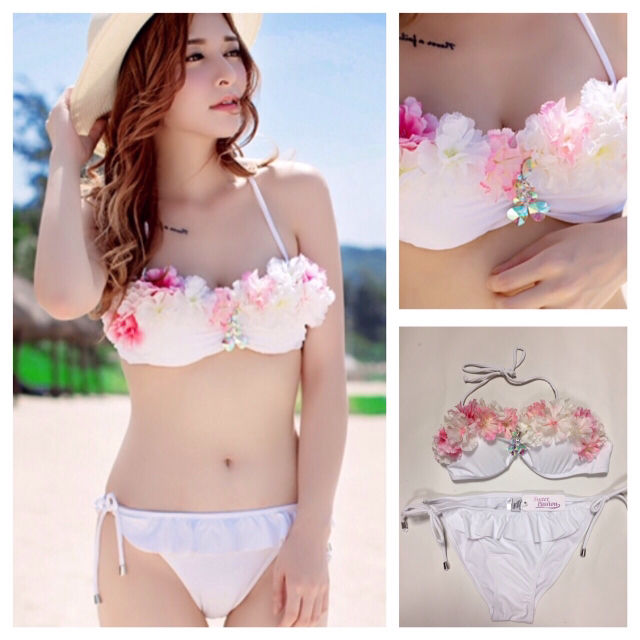 新品水着ビジュー お花腰フリル水着 白 フリマアプリ サイトshoppies ショッピーズ