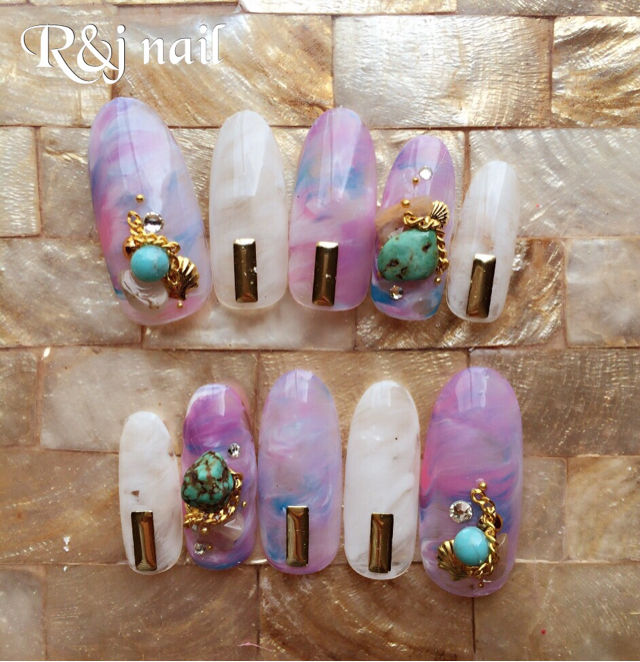 カラフルホワイトマーブル天然石ネイル フリマアプリ サイトshoppies ショッピーズ