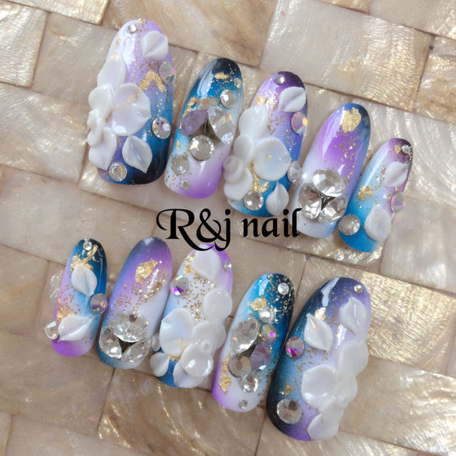 和風青紫グラデ3dお花ビジューネイル フリマアプリ サイトshoppies ショッピーズ