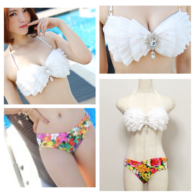 新品水着ビジュー縦フリルバンドゥビキニホワイト白 フリマアプリ サイトshoppies ショッピーズ