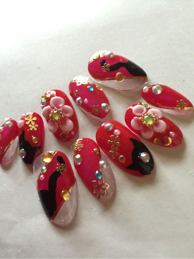 和柄黒猫lovegold花ネイルチップhandmade フリマアプリ サイトshoppies ショッピーズ